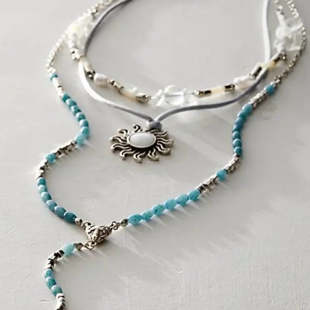 Free People One With The Sun Blue Layered Necklace Sunburst Pendant Beaded Chain - Picture 10 of 13